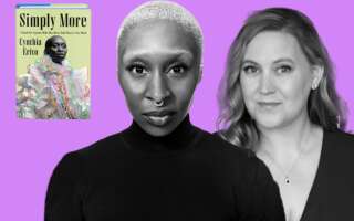 Photos of Cynthia Erivo, Rebecca Yarros, and Erivo's book Simply More against a purple background.