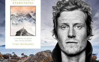 A background image of a glacial landscape. Book cover of Color Of Everything appears on the left side of the image. A black and white headshot photo of author Cory Richards appears on the right.