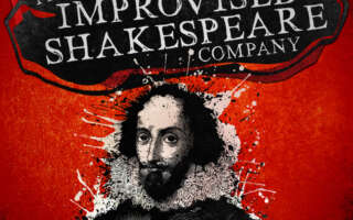 Illustrated black and white portrait of William Shakespeare imposed on a red background. The logo for the Improvised Shakespeare Company appears at the top of the image in white text on a black splash highlight.