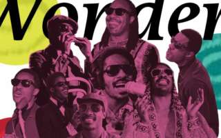 Various images of Stevie Wonder through the years, with text that says, "Wonder."