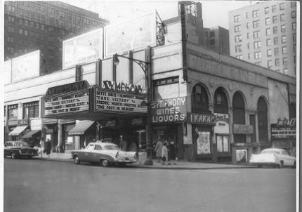 A vintage photograph of the corner of West 95th Street and Broadway, inluding the Symphony Space marquee.