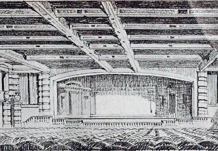 Lind drawing of the inside view of the stage of the Symphony Theatre.